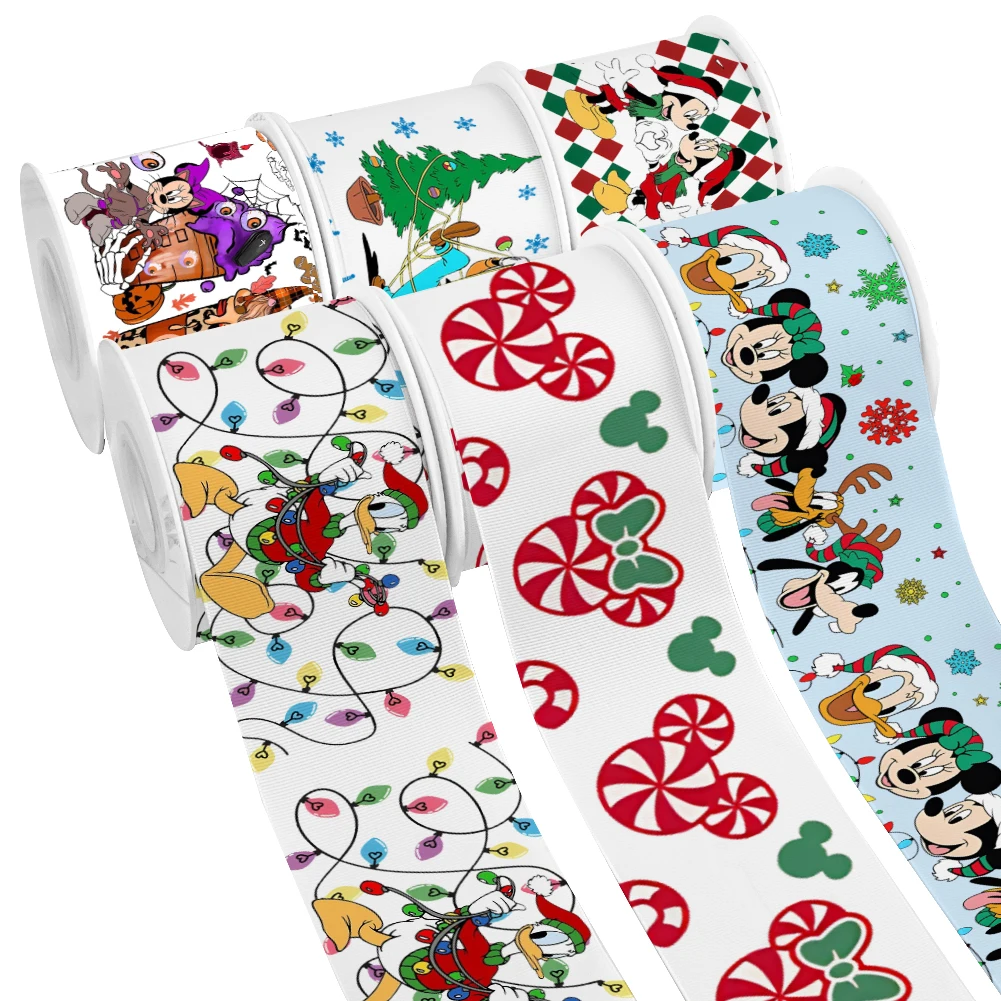

Disney Christmas Cartoon Mickey Mouse Pattern Printed Grosgrain Satin Ribbon for Gift Wrapping Hair Bow Craft Accessory 50 Yards