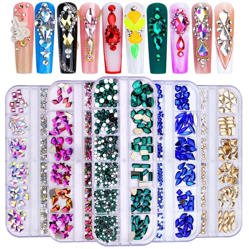 

12 grid 3D Nail Art Rhinestones Multi Color Nail Decorations Mixed Size Crystal Gems DIY Nails Accessories Gold Red Green Blue