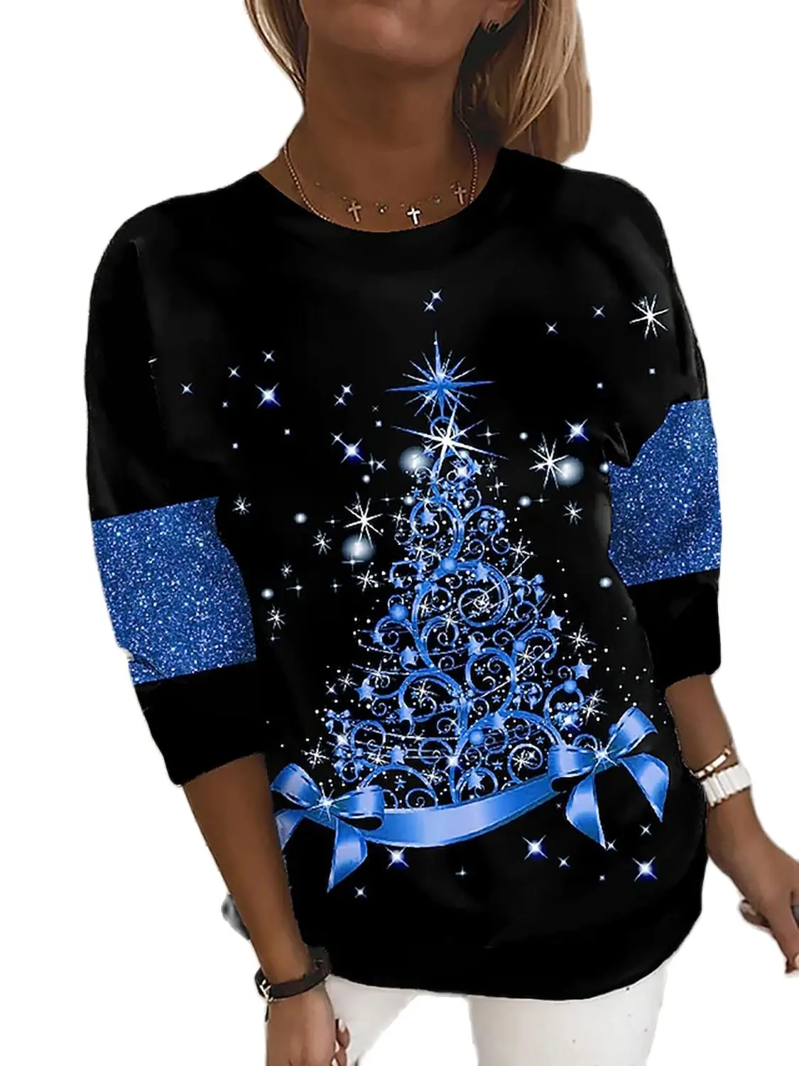 

Snowflake Sparkly T-shirt Women Tees Christmas Tree Christmas Weekend Painting Tee Long Sleeve Print Round Neck Basic XS-8XL y2k