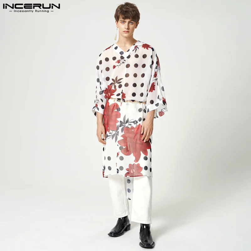 

Футболка INCERUN мужская с длинным рукавом, стильная свободная Просвечивающая уличная одежда с принтом, с V-образным вырезом, модная Асимметрич...