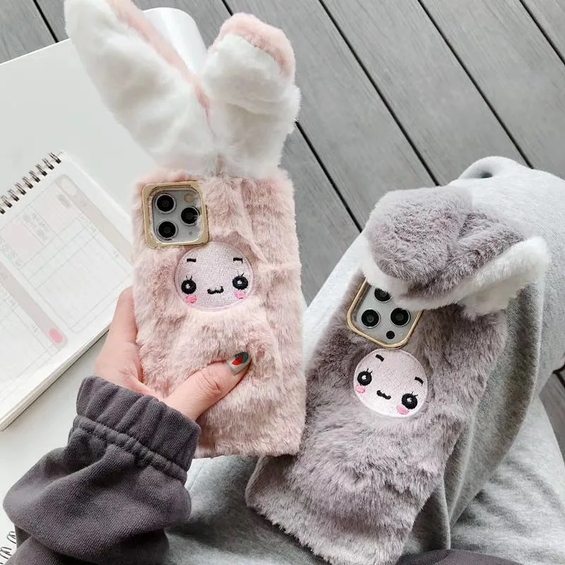 

Cute Furry Moving Rabbit Ears Phone Case For iPhone 11 Pro Max 12 Promax Mini 7 8 Plus Xr Xs X Plush Stuffed Toy Animal Cases