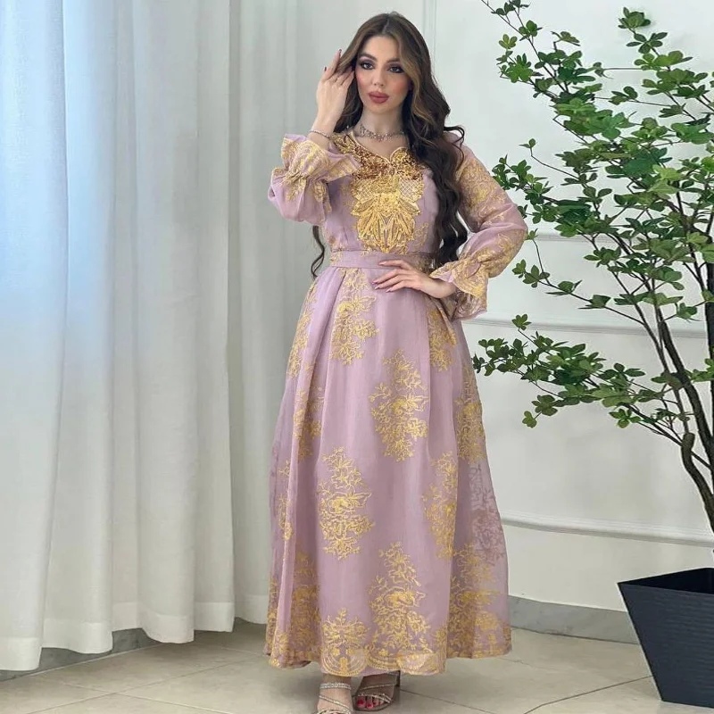 Muslim Fashion Dresses 2023 Spring Summer Muslim Women Long Sleeve V-neck Polyester Embroidery Long Dress Muslim Abaya