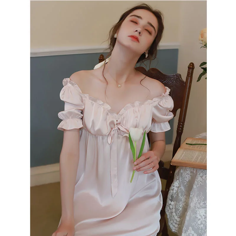 

Sexy lingerie Short Sleeve Long Skirt Palace Style Princess Thin Imitated Silk Pajamas 's Summer Women Round Neck Nightgown