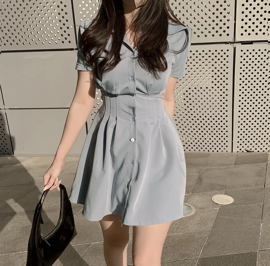 

Button Turn-down Collar Shirt Dress Mini Short Sleeve Vestido Curto Summer 2022 Elegant Korean A Line White Black Blue Sukienka