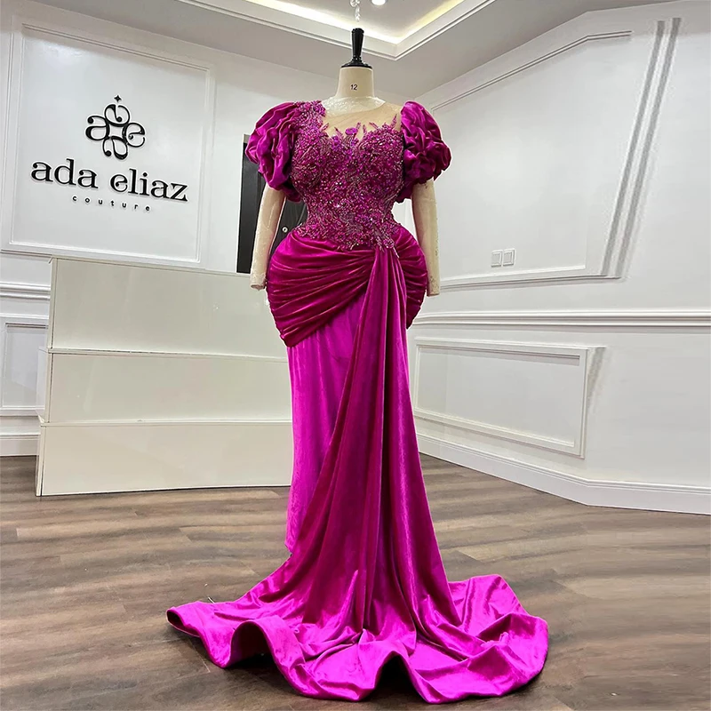 

Velvet Mermaid Prom Dresses Aso Ebi Style Sheer Long Sleeves Evening Gowns Saudi Arabia Sweep Train Formal Party Dress Robe
