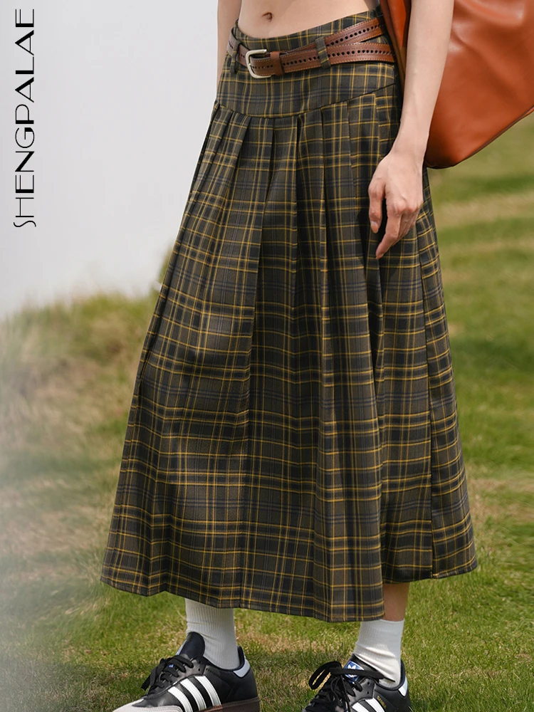 

SHENGPALAE, винтажная элегантная юбка с высокой талией, повседневная клетчатая юбка-американка средней длины, женская летняя новая одежда 2023, ...