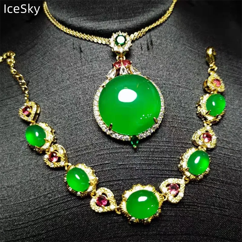 

Женский ювелирный комплект из колье и браслета, с зеленым халцедоном