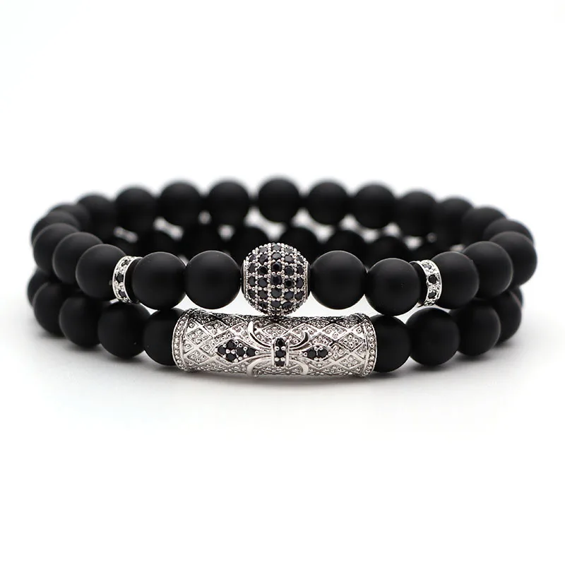 

5A 2Pcs/Set Natural Stone 4 Style Bead Man Bracelets Popular Pave CZ Small Crown and Ball Bracelet Classic Matte Black Jewelry