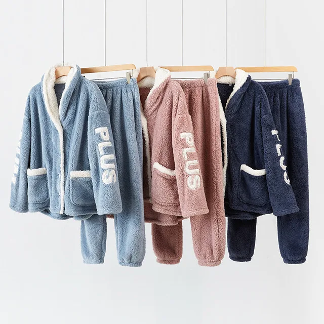 

Loose Women Pajama Set Coral Fleece Single Breasted Ladies Winter Thick Pijama Suit 2 Pcs with Pants Flannel Sleepwear Female