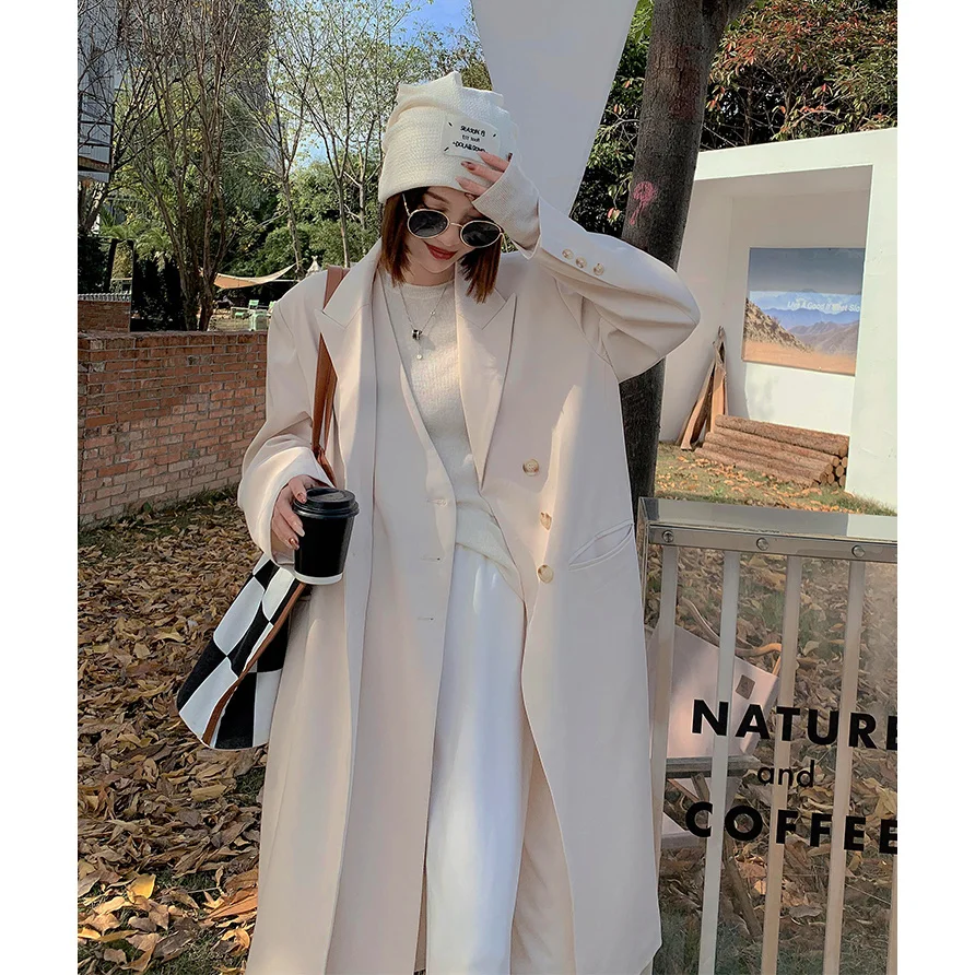 

Woolen White Elegant Off Coats Office Lady 2023 Winter Long Overcoats Double Breasted Outerwears