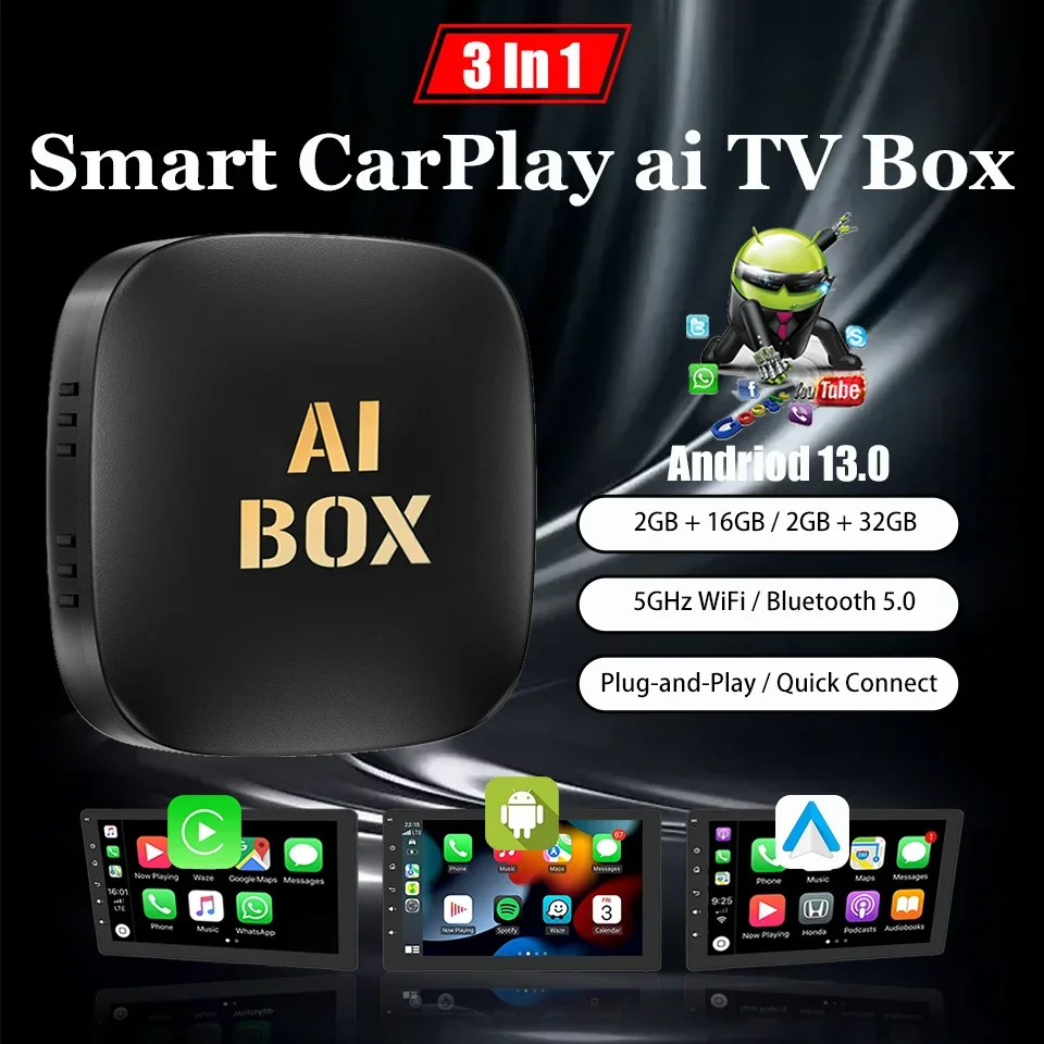 Фото CarPlay Mini Ai Box 2+32 ГБ Android13 и Android Auto и Carply 3в1 Интеллектуальный беспроводной адаптер Встроенный Netflix YouTube Google Play №1