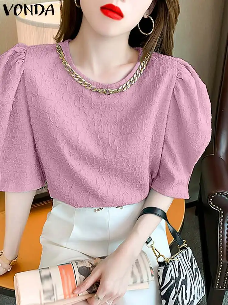 

VONDA Women Fashion Blouses 2023 Casual O-Neck With Chain Tunic Tops Summer Short Sleeve Elegant Loose Shirts Blusas Femininas