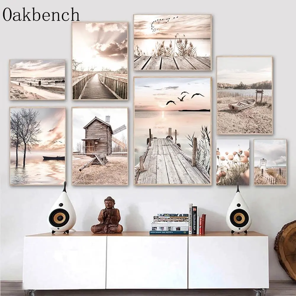

Sunset Canvas Poster Bridge Beach Print Pictures Reed Dried Grass Art Prints Boat Wall Paintings Nordic Posters Home Decoration