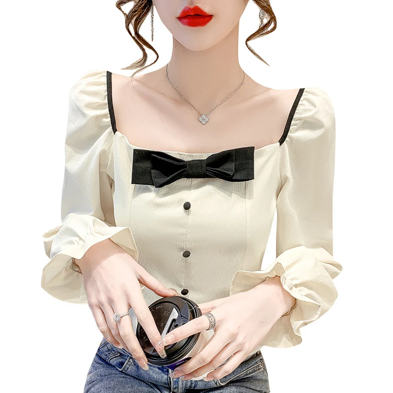 

Blouse Women Spring Puff Sleeve French Style Folds Sweet Elegant Leisure Fashion Square Collar Lace Up Streetwear Comfort Girls