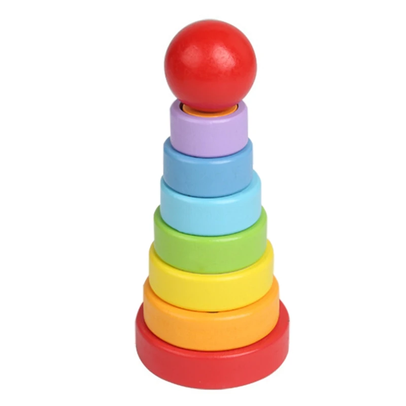 

Wooden Rainbow Tower Toys Geometric Stacking Cup Color Rainbow Stacking Ring Tower Toys For Kids