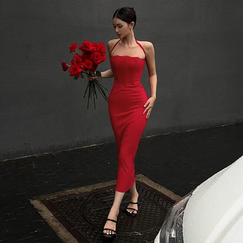 

Fashion Temperament Sexy Slim Waist Waist Thin Hanging Neck Bag Buttock Dress