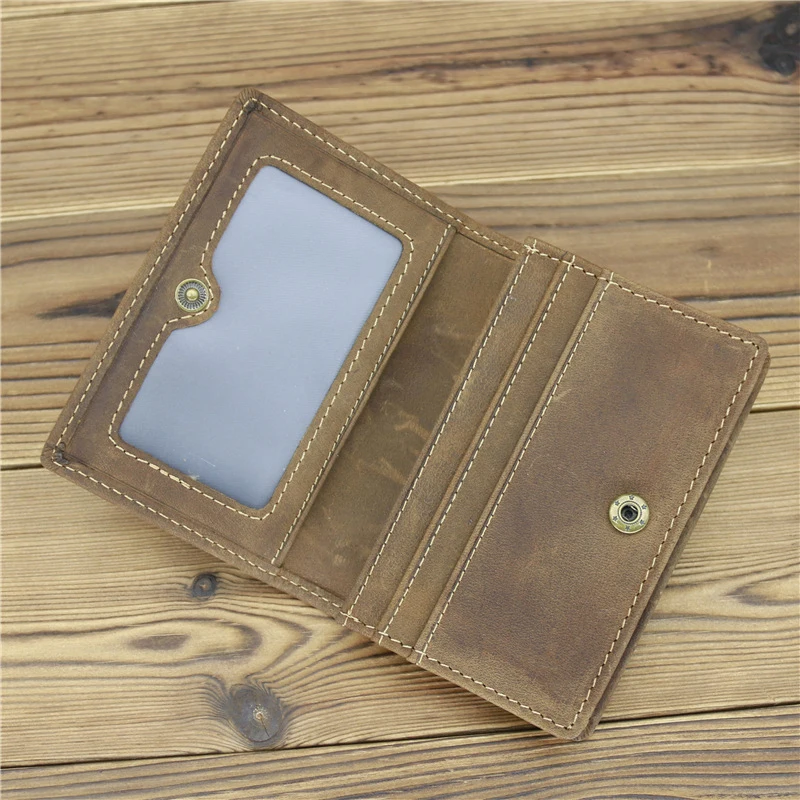 Male Female Genuine Leather Head Layer Cowhide Crazy Horse Large Capacity Button Bag Wallet Retro Small Case Card Holders Purse