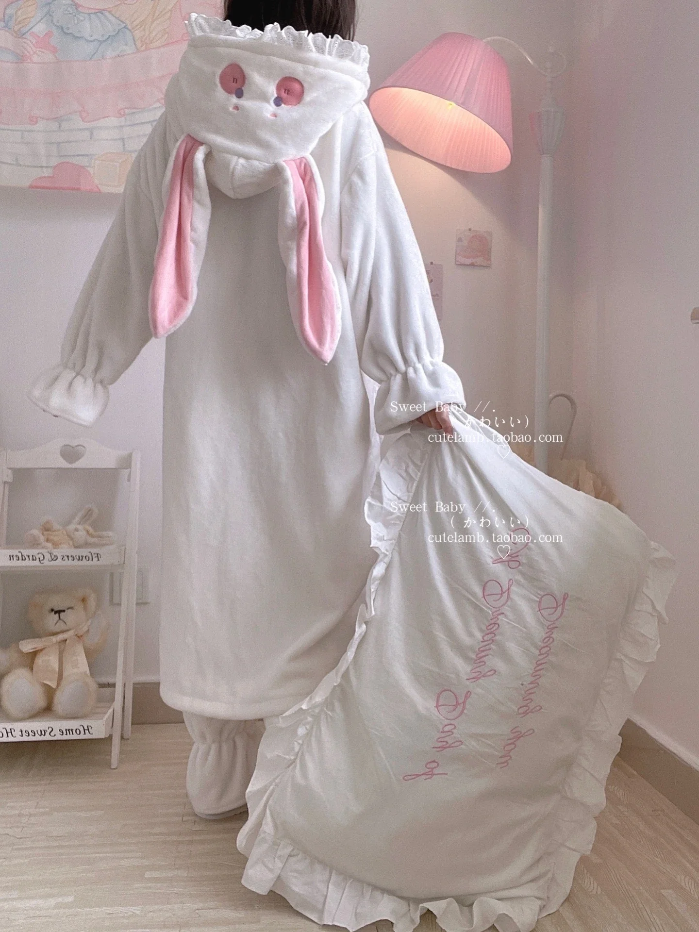 Милый костюм из двух предметов с кроликом Фланелевая пижама капюшоном