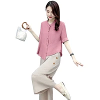 2 piece sets womens cotton and linen outfits short sleeve o neck tops wide leg pants 2022 summer casual two piece set j414