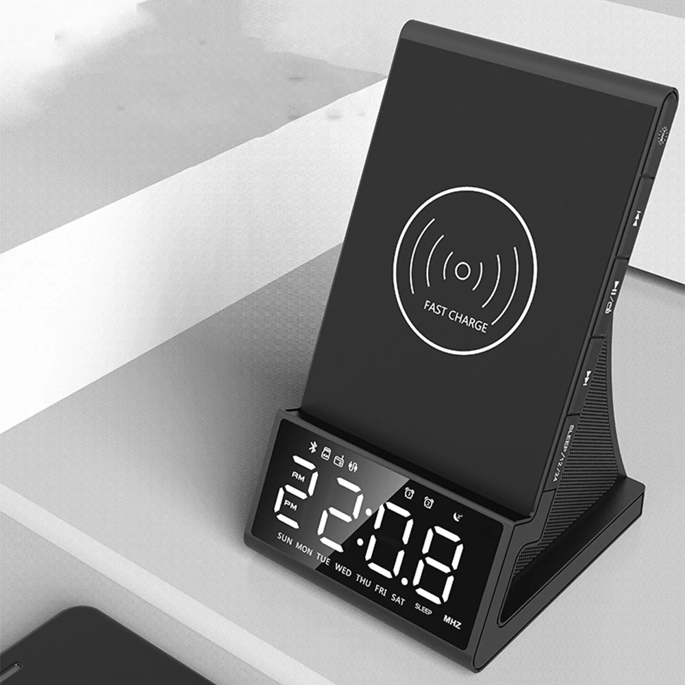 Led Alarm Clock With Wireless Charging Bluetooth Speaker Dock Stand Fm Radio Usb Fast Charger