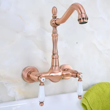 Antique Red Copper Wall Mount Bathroom Kitchen Sink Faucet Dual Holes Hot Cold Mixer Crane Tap