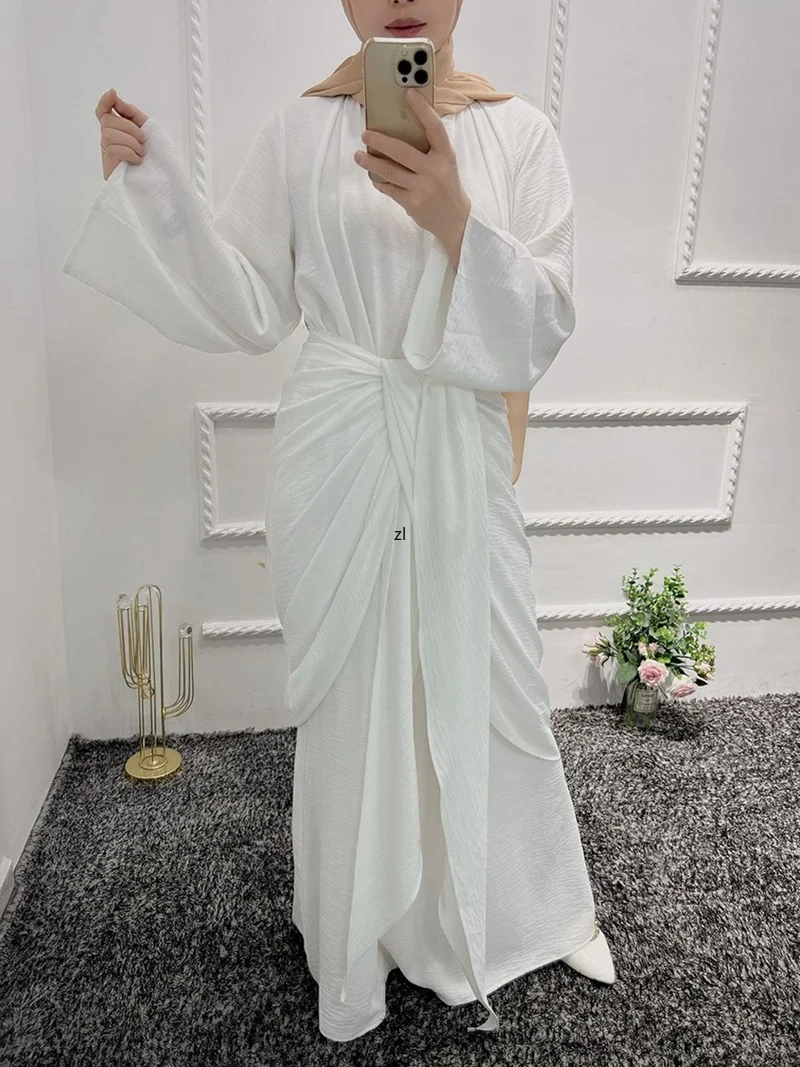 

Dubai Morocco Caftan Muslim Cardigan Abaya Women Elegant Solid Wave Wrinkled Belted Kimono Summer 2022 Islamic Clothing