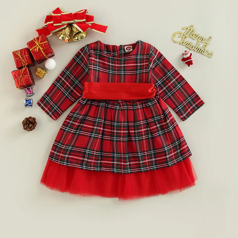 

Kid Girl Christmas Dress Long Sleeve Round Neck Plaid Print Mesh Zipper High Waist Fall Princess Dress