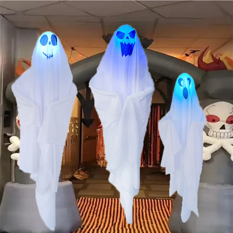 

Подвесные Украшения для Хэллоуина, призраки со светодиодсветильник кой, белые летающие призраки, домашний двор, реквизит для вечеринки, фес...