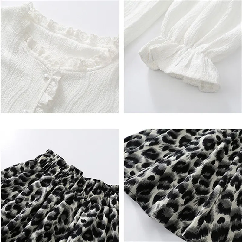 Kids Girl Clothing Sets White Shirts and Skirt with Leopard Print Two Pieces/Suits Korean Girls Children's Costume 4-13Years Old