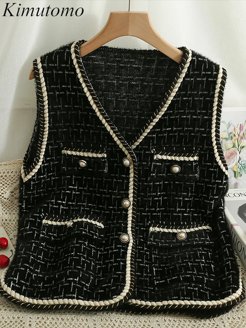 

Kimutomo Vintage Silk-bound Checked Tweed Vest Woman Elegant V-neck Single Breast Pockets Stitching Sleeveless Versatile Vest