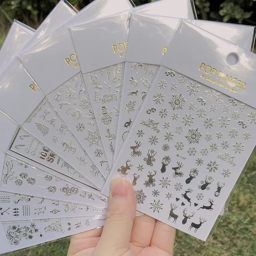 

1pcs 3D New Winter Christmas Design Shaped Nail Slider Decals Silver Transfer Adhesive Nail Stickers Snowflakes Nail Decorations