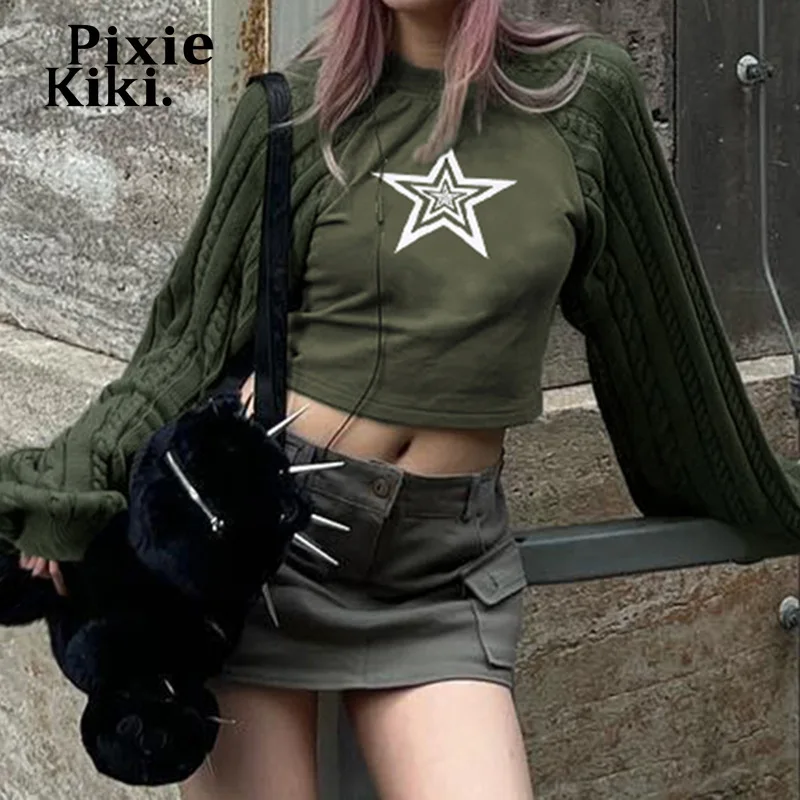 

PixieKiki Vintage Star Print Crewneck Sweatshirts Streetwear Yk2 Hoodies Pullover Dark Green Long Sleeve Crop Top P77-CA30