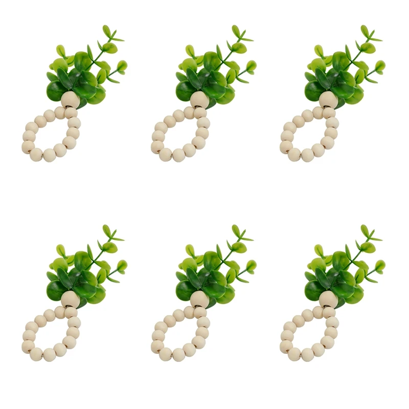 

6 Pieces Eucalyptus Napkin Rings Handmade Wooden Beads Garland Decorative Greenery Napkin Rings for Party Table Decor