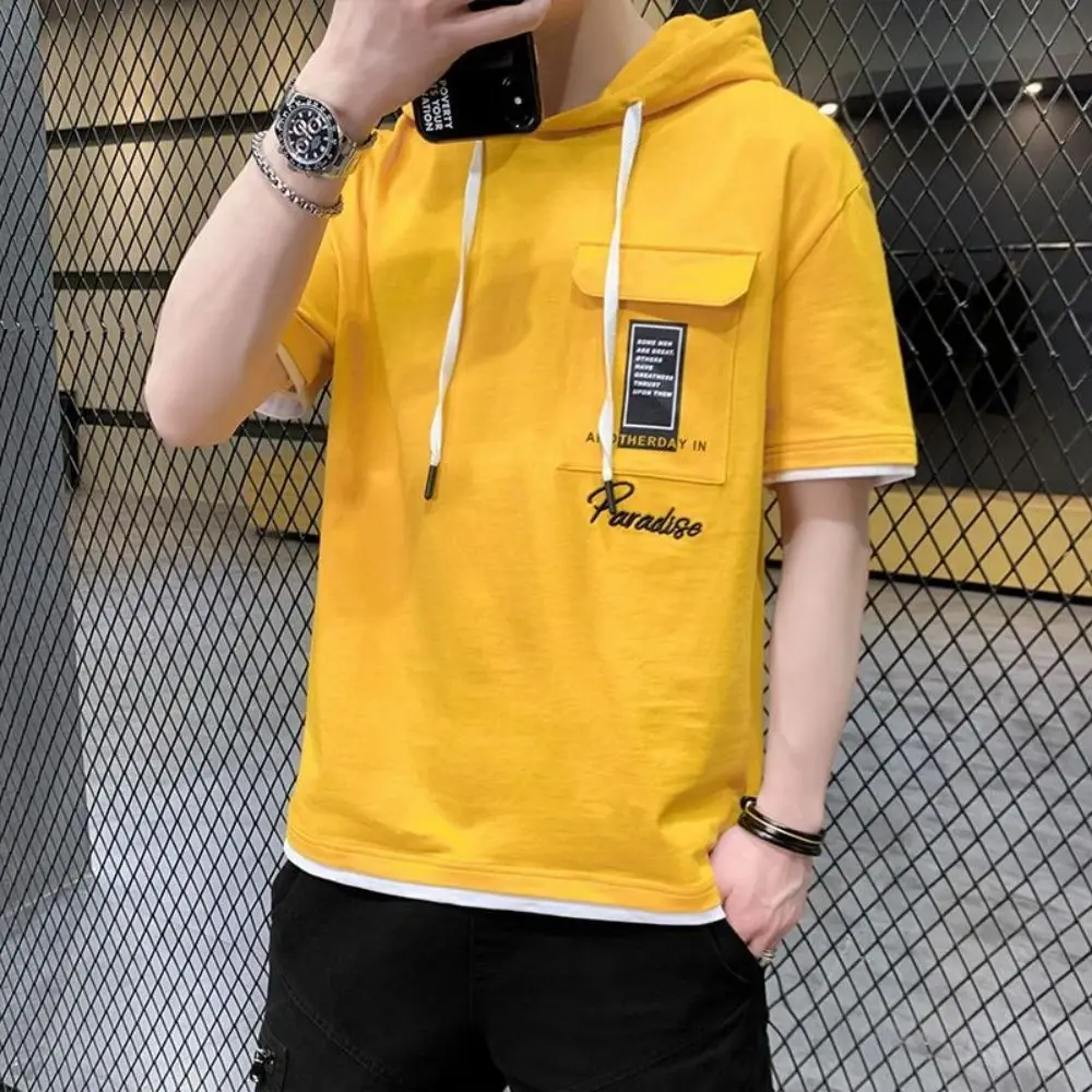 

Streetwear Short Sleeve T-shirt Men Hooded Casual Loose Summer Solid Color Printed Letter Cargo Retro Pocket