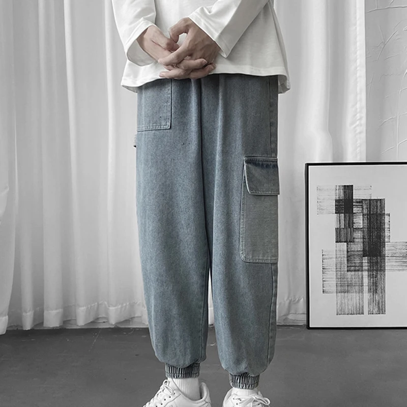 

Джинсовые мужские свободные брюки до щиколотки в стиле хип-хоп, брюки большого размера на молнии, мужская одежда со средней талией MA458