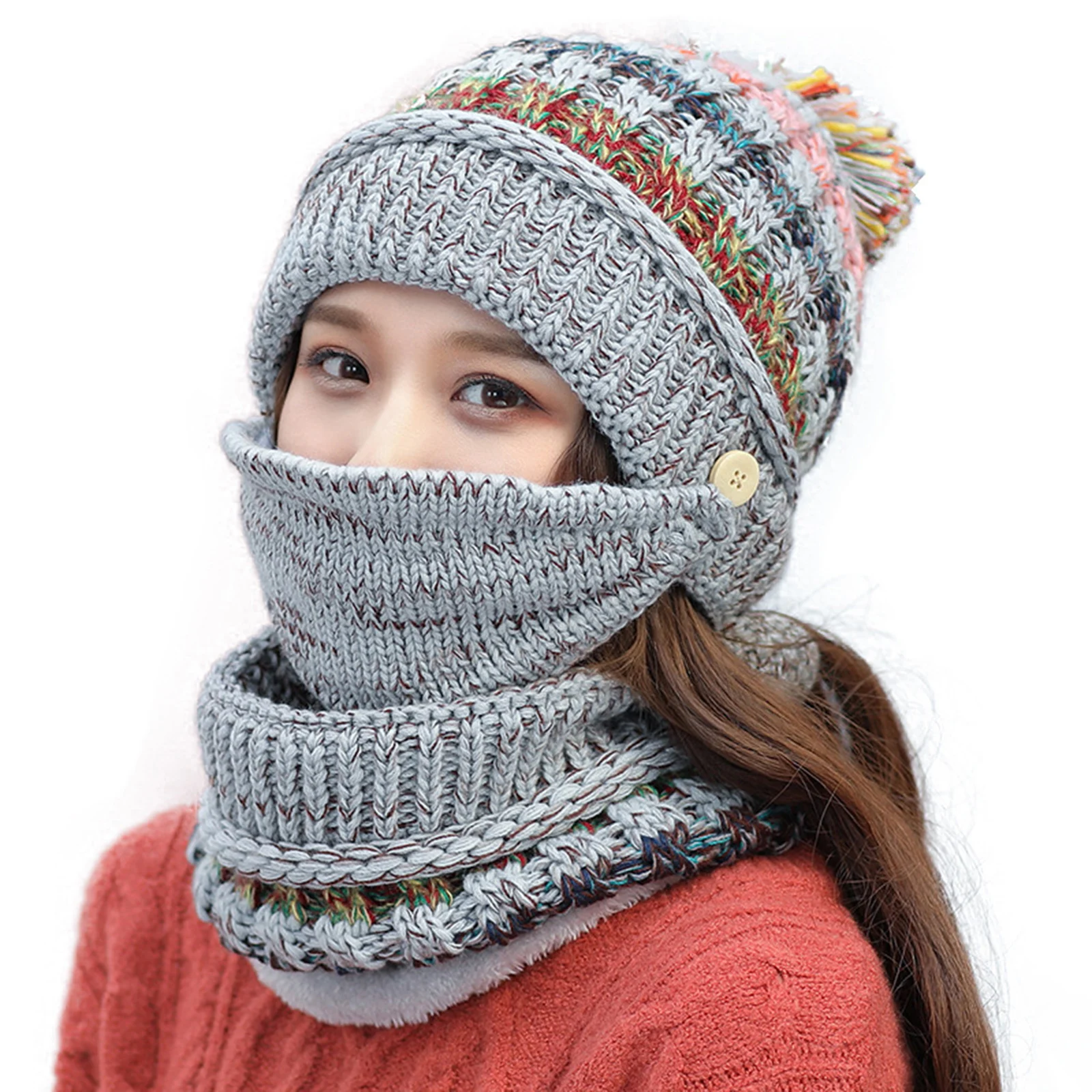 

Three-Piece Set Soft Warm Knit Beanie Scarf Face Cover Thickened Winter Ski Hat With Pompom For Women Girls