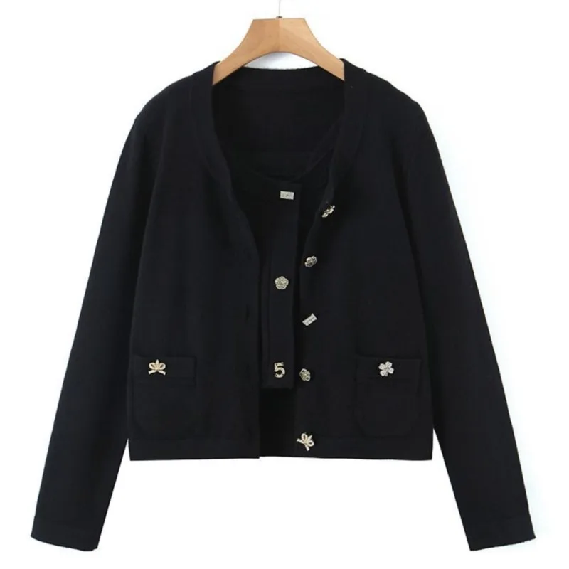 3XL Good Quality Women Sets Plus Size 2022 Autumn Winter Button Ladies Knit Strap Tops Cardigan Jacket Slim 2 Pieces Suits
