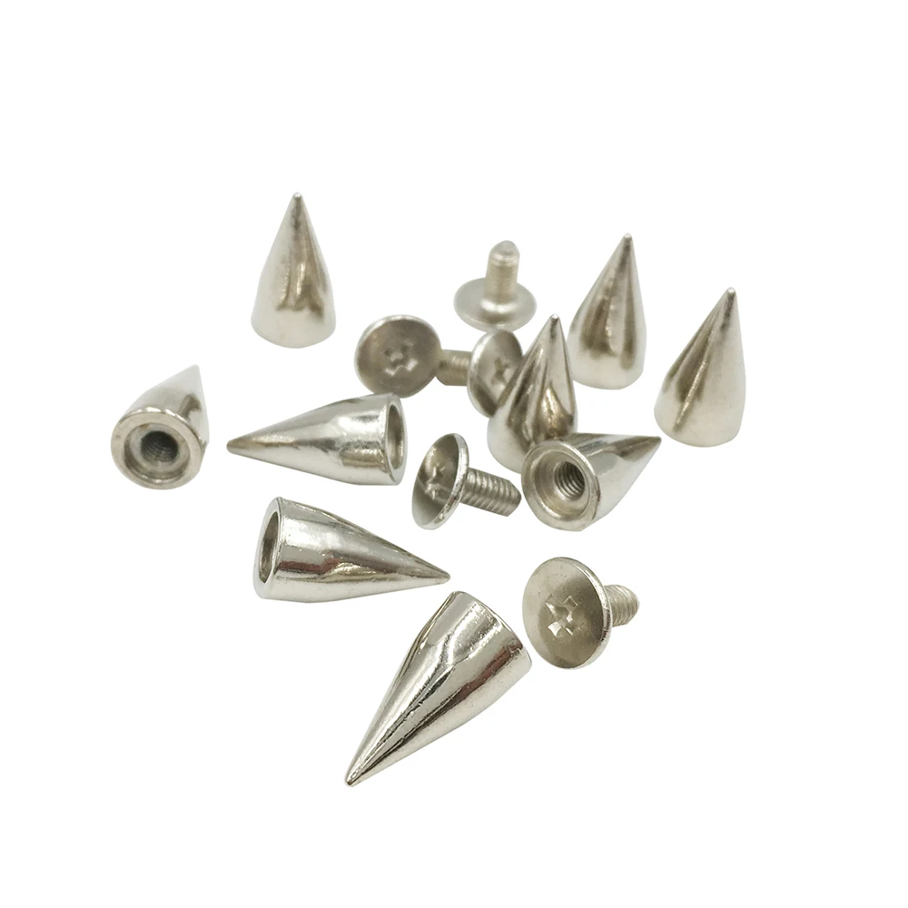 100sets 14mm Silver Cone Spots Metal Studs Leathercraft Rivets Bullet Spikes Punk Spike  For Clothes Bags Belt Pet Collars