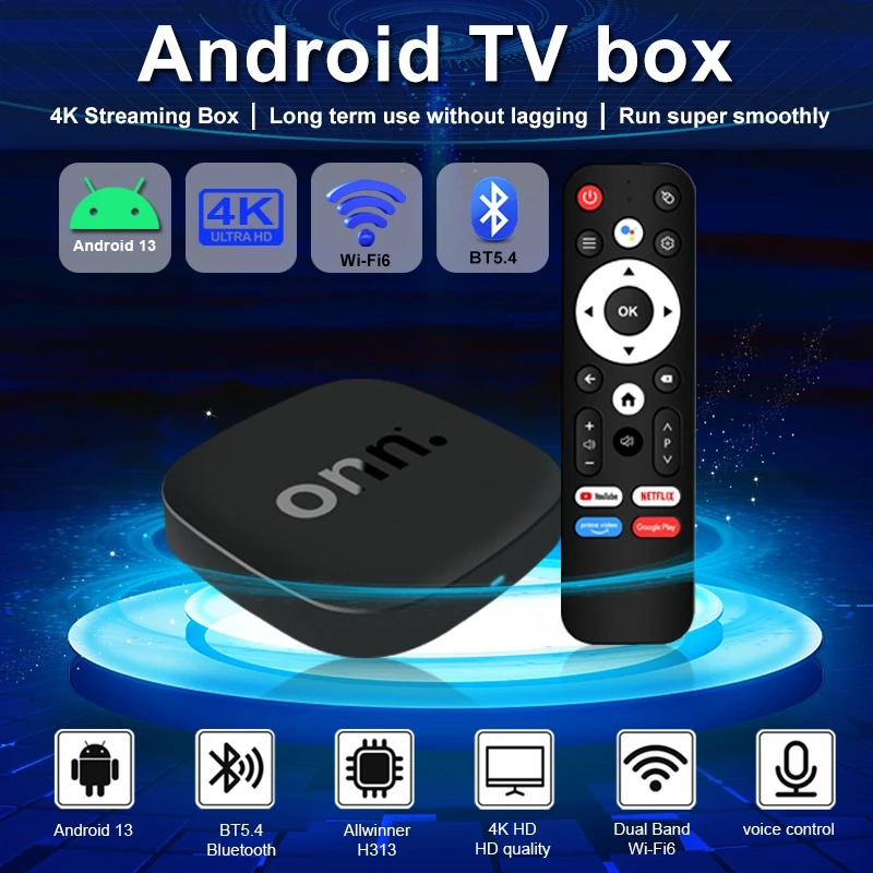 Фото ТВ-приставка ONN Smart TV Box на Android 13, ONN Allwinner H313, Mali-G31, с поддержкой голосового управления №1