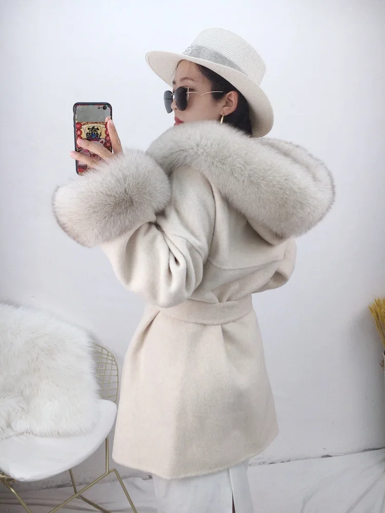 High-end Wool Coat Real Fox Fur Trim Hood and Sleeve Cuff Fur Luxury Cashmere Wool Blends Fashion Streetwear Belt Brand New