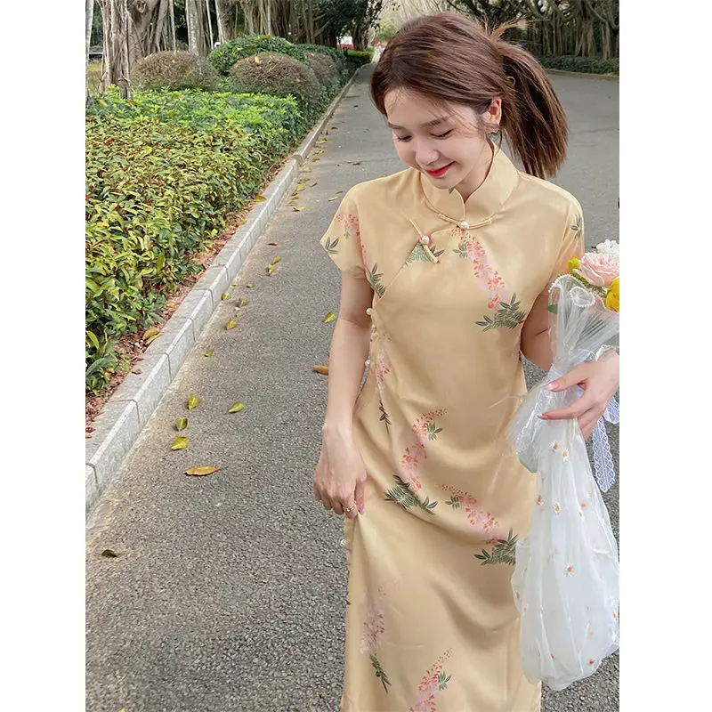 Women Yellow Loose Cheongsam High Quality Summer New Dress Short Sleeve Floral Vintage Qipao S To 3XL