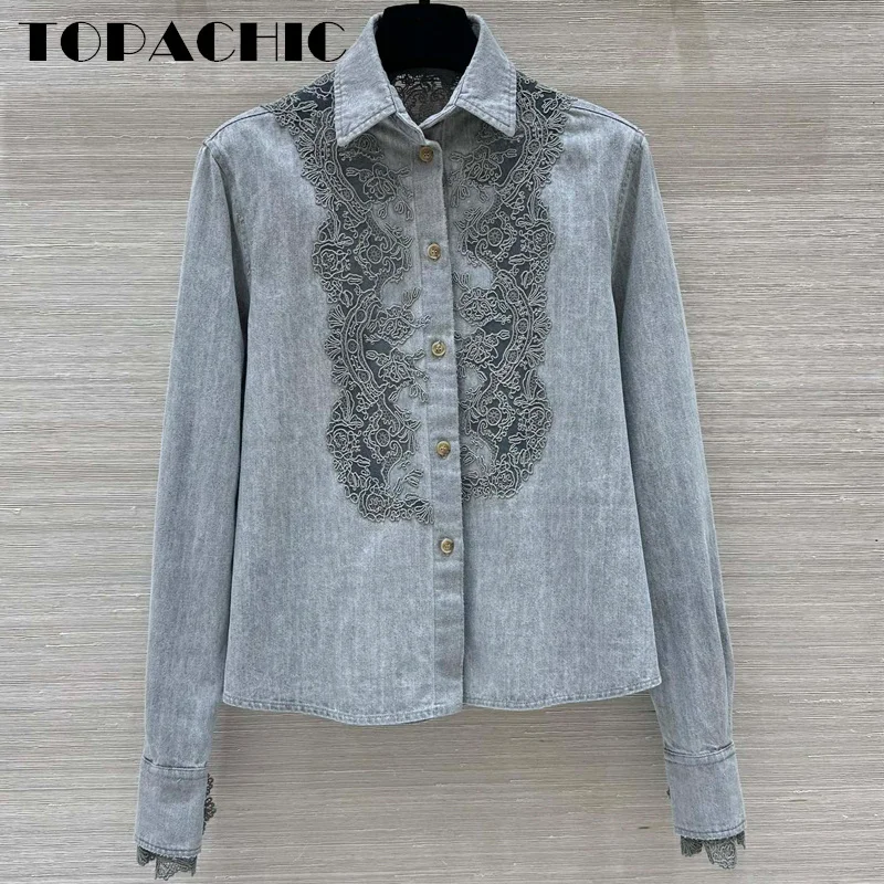 8.31 TOPACHIC-Женская классическая кружевная джинсовая рубашка с вышивкой и лацканами
