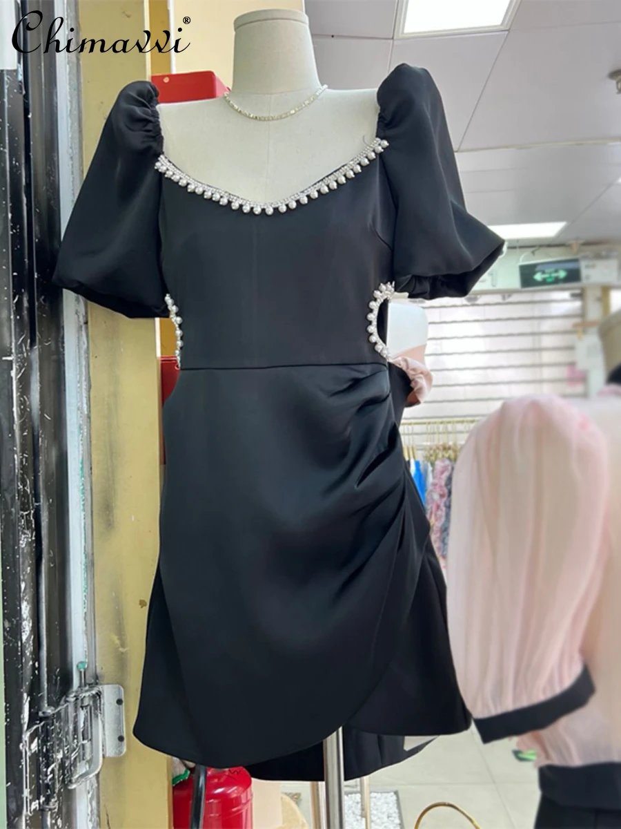 

2022 Summer New Ladies French Fashion High-End Elegant Dress Women's Simple Waist-Leaking Diamond Irregular Short Sleeve Dress