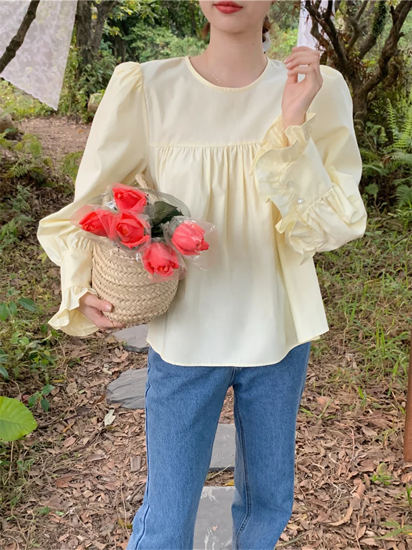

Lady Office Wear Spring Solid Women Blouses Minimalist Hot Ruffles Full Sleeve 2022 Chic Gentle New Loose Tops