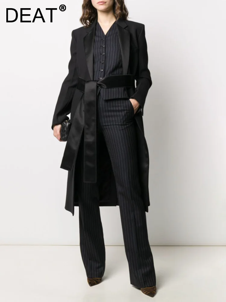 

[DEAT] 2023 Spring New Fashion Tide Windbreaker Solid Color Turn-down Collar Long Sleeve Temperament Loose Coat Women 13Z408