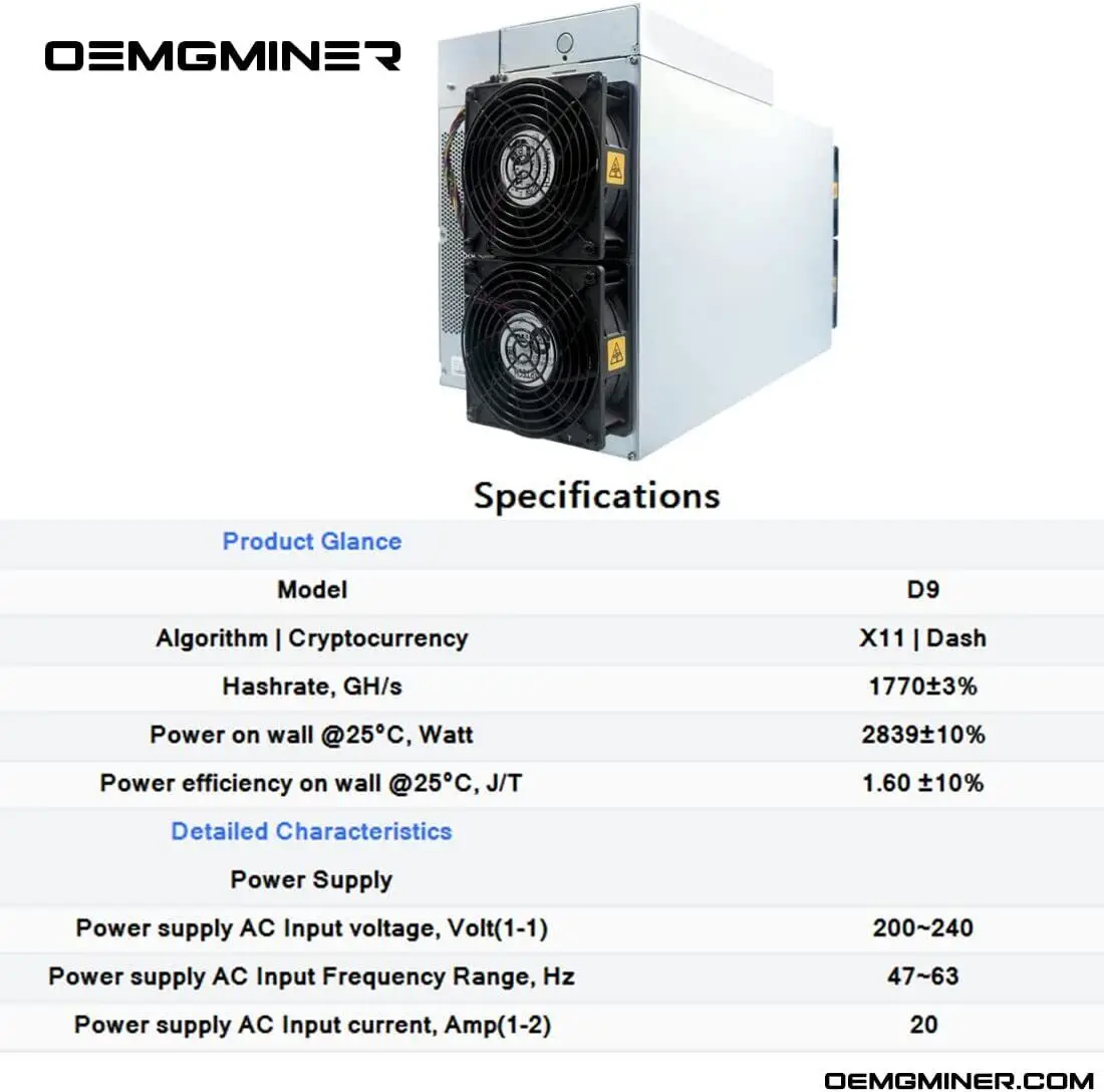 Bitmain Antminer Dash Miner D9 Hashrate 1770G Мощность 2839 Вт встроенный блок питания