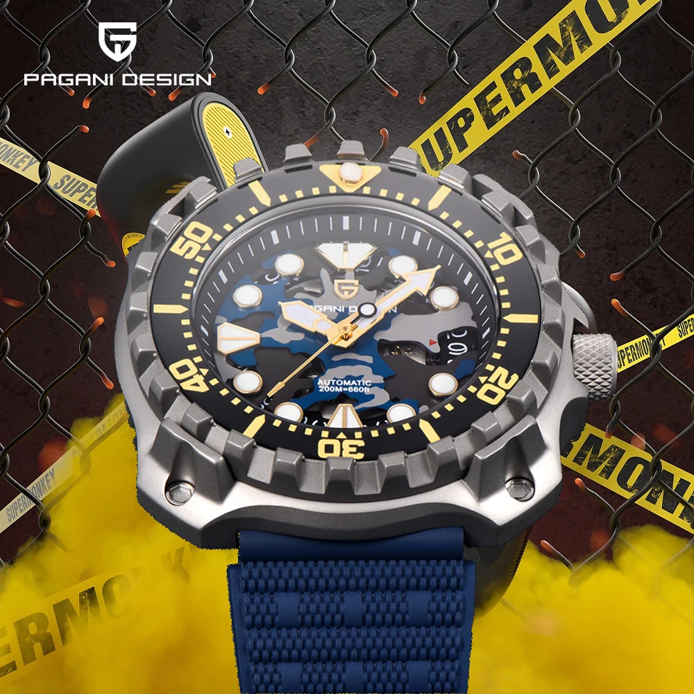 

PAGANI DESIGN 2023 New Military Men Mechanical Watch Titanium Fashion Camouflage Skeleton Dial Automatic 200M Sports Diver Watch
