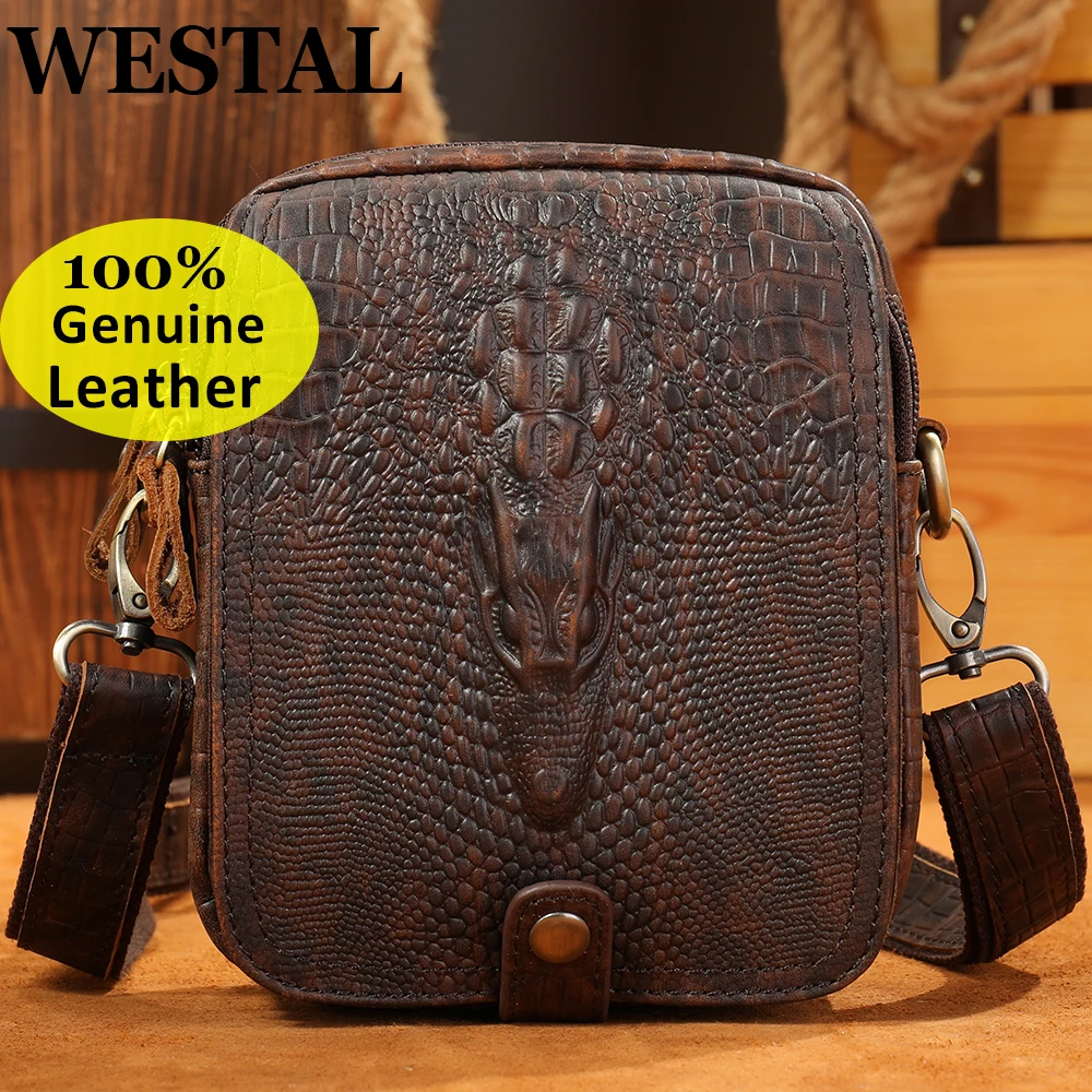 WESTAL Men's Leather Shoulder Bag Male Mini Croco Designer Leather Bag Man Purse Small Mens Crossbody Bags for Gift Phone 6030