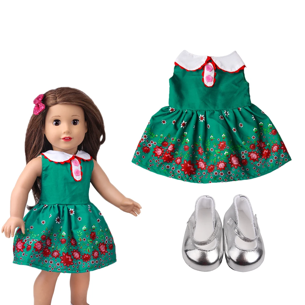 

18 Inch Doll Fresh Green Floral Dress + Shoes Suitable For 43Cm Baby Clothes Clothes Doll Accessories Children's Birthday Gifts