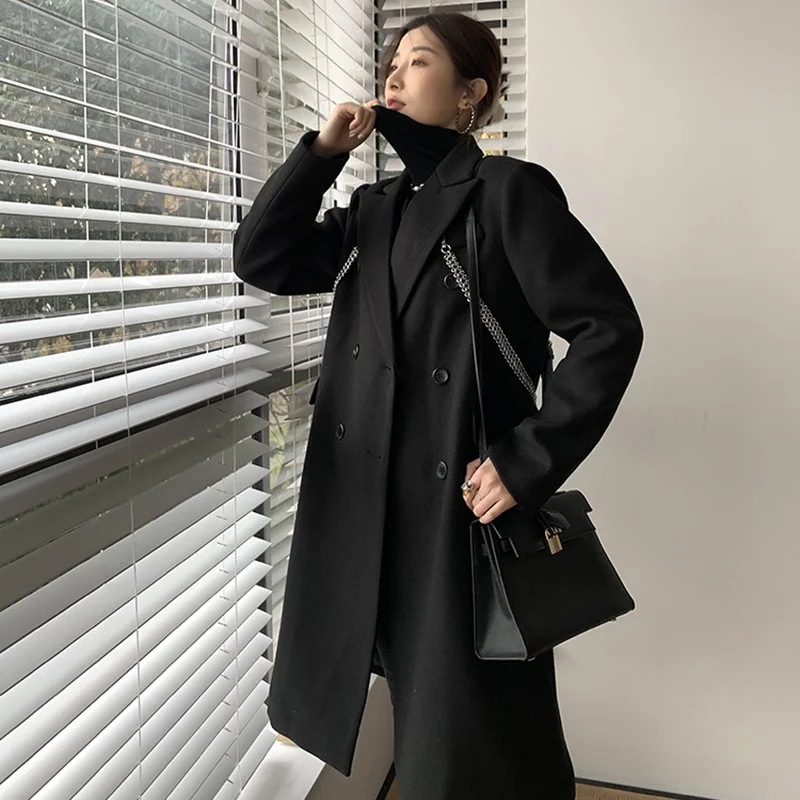 

Coat Women Black Wool Runway Fashion Silver Chain Thicken Long Jackets Solid Coats Wool Overcoats Female Outwear High Quality